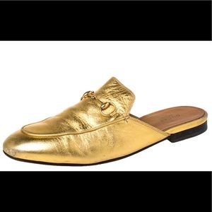 Gucci Metallic Gold Leather Horsebit Princetown Mules Size EU 38